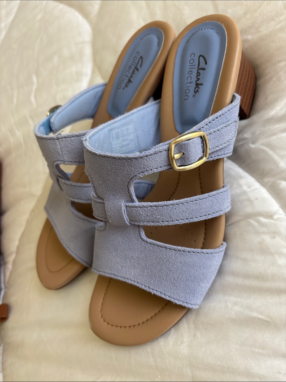 Clarks Light Blue Suede Block Heel Mules